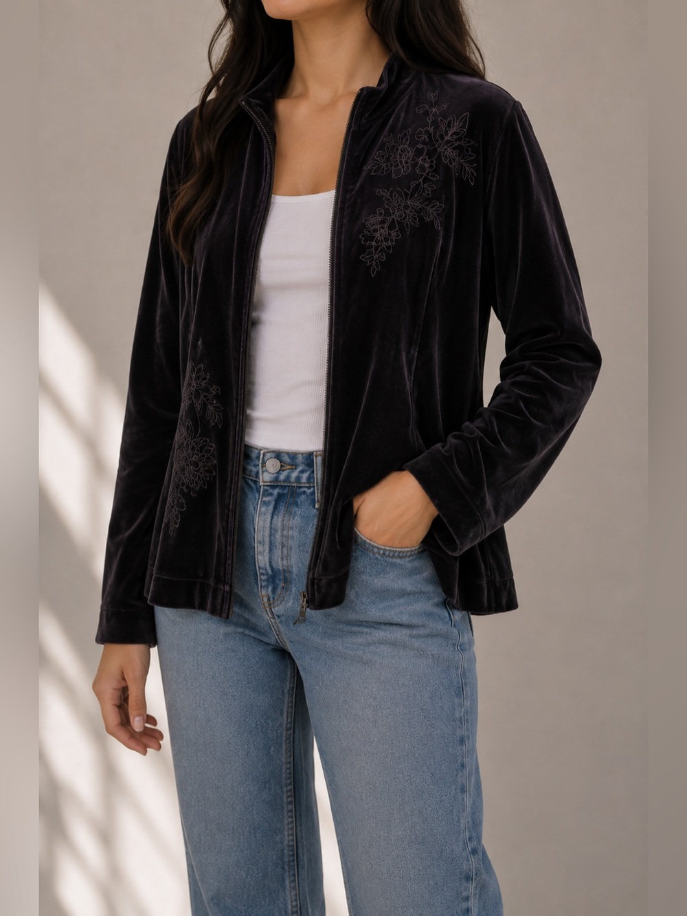 Vintage Alfred Dunner Velour Zip Jacket with Floral Embroidery Size 12